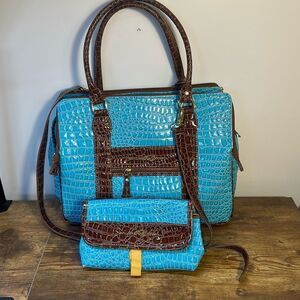 Samantha Brown Blue Croc Embossed Accents Tote Travel Bag Carry On Purse Handbag